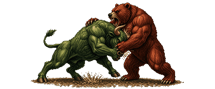 A bull and a bear locked in a fight neither is winning